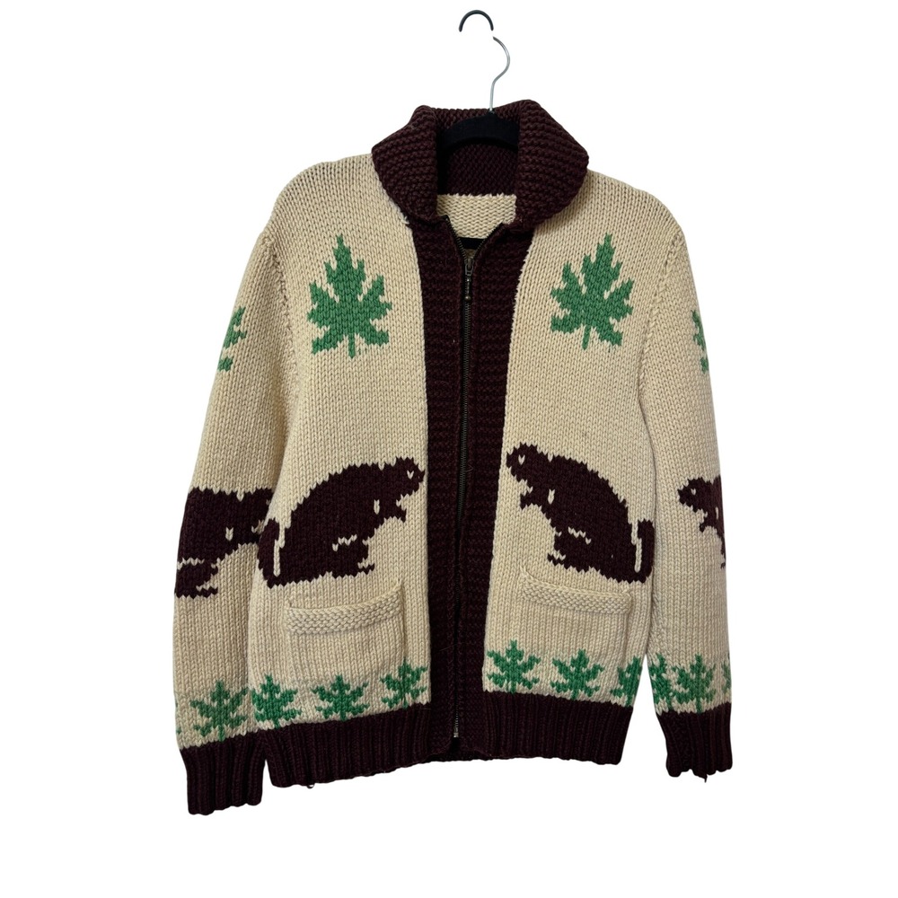 Vintage Cowichan Style Knit Cardigan Beaver Maple Leaf Shawl Collar Full Zip